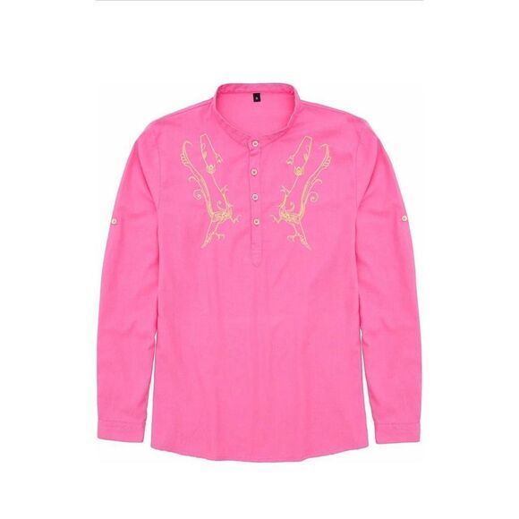 ThCreasa Mens Casual Long Sleeve Cotton Linen Henley Shirt Embroidery Summer Bea - Picture 5 of 7